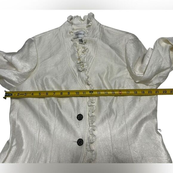 Victor Costa Vintage Ruffled Satin Blouse with Black Rhinestone Buttons Size 12 - Picture 7 of 9